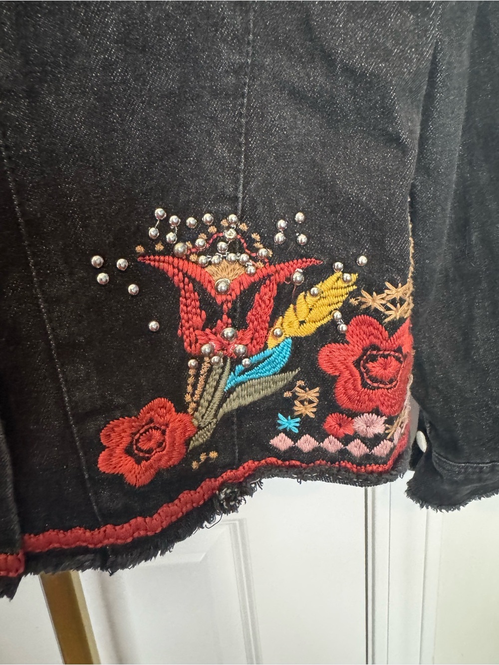 Boho Embroidered & Beaded Black Denim Jacket - Picture 5 of 6